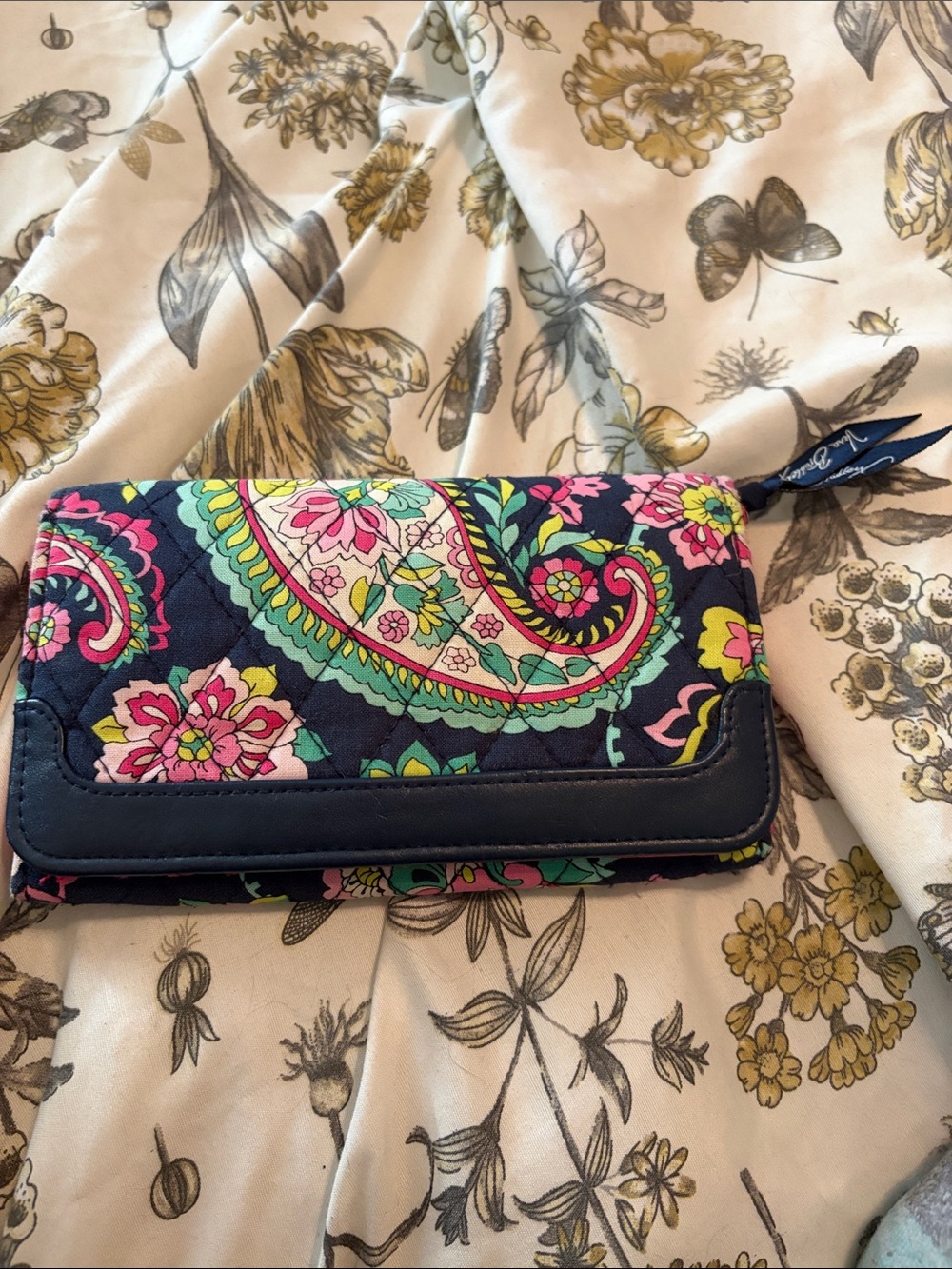 Vera Bradley Navy Quilted Paisley Zip Wallet with Pink & Green Accents